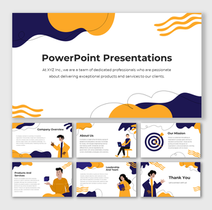 Creative PowerPoint slides for company introduction, mission, products, and team, featuring orange and purple graphics.
