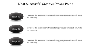 Three stage creative layout with black oval buttons labeled Stage 01 to Stage 03 and corresponding text on the right.