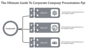 Corporate diagram in grey theme with three connected steps, each featuring icons and with placeholder text areas.