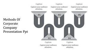 Corporate company presentation template with five steps and captions focused on engaging the audience.