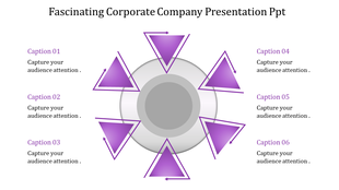 Fascinating corporate company presentation template featuring six purple arrows pointing outward with captions.
