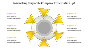 Fascinating corporate company presentation template with six yellow arrows pointing outward with captions.