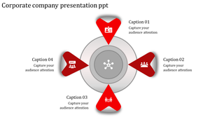 Circular diagram with a central gray icon and four red arrow shaped segments pointing inward, each with an icon and caption.