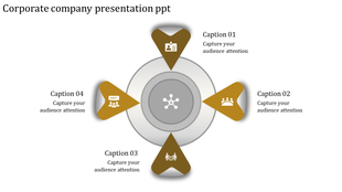 Corporate company presentation template with four directional arrows, each with an icon and caption.