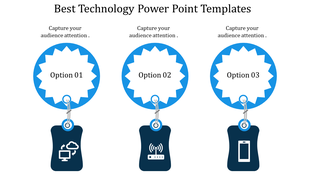 Slide layout with three options displayed in blue circular elements linked to tags representing technology-related symbols.