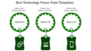 Horizontal layout featuring three jagged green circles labeled with options and connected to technology icons below.