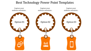 Options layout featuring circular badges with orange tags below, illustrating cloud, connectivity, and mobile technology.