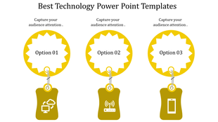 Technology PowerPoint template featuring three colored options with icons for cloud, Wi-Fi, and smartphone.