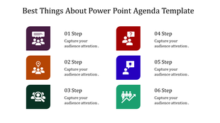 Agenda PPT template featuring six colorful steps with icons and descriptions.