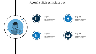Agenda slide with a central character illustration and four blue circular icons representing steps on the right.