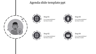 Gray agenda PPT slide with a person icon and four numbered steps with various related icons and placeholder text.