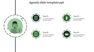 Minimalist agenda slide with a structured layout, displaying a green profile icon and four sequential steps.