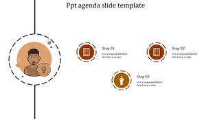 Agenda PowerPoint slide with a person icon and three numbered steps with corresponding icons in orange tones.