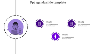 Simple agenda layout in purple tones with a profile image on the left and three steps depicted using circular icons.