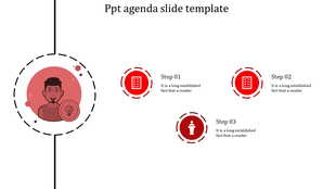 Minimalist agenda slide with a bold red theme, featuring a person icon and three steps with checklist and speaker symbols.