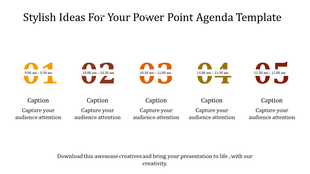 Numbered agenda items from 01 to 05 in varying colors with captions below, arranged in a row on a white background.