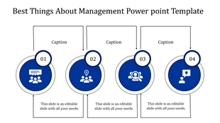 Management slide design with icons for communication, brainstorming, analysis, and innovation in numbered blue circles.