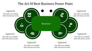 Business PPT slide with six green circular icons representing different business aspects surrounding a central green box.