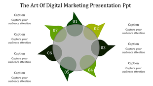 Circular diagram with seven green petal shaped segments numbered 01 to 07, arranged around a translucent central circle.