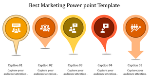 A marketing PowerPoint slide with five colorful markers, each with a corresponding captions.
