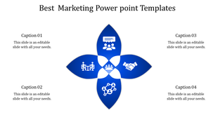Slide featuring four blue petal shaped design with icons, surrounded by captions in white spaces.