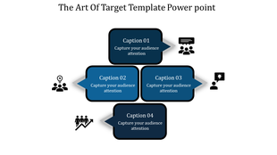 Target design featuring four linked captions areas and relevant business icons in a structured layout.