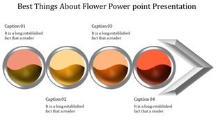 Flower like design with four colored circles and an arrow pointing forward, representing steps or stages.
