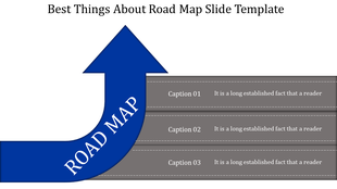A blue arrow pointing upwards with the text and three horizontal sections labeled as captions.
