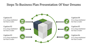 Business plan steps diagram featuring a cube at the center and six captioned icons around it linked via curved arrows.