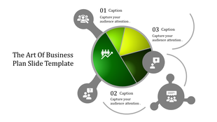 A business plan slide showing four sections with icons each with a percentage caption.