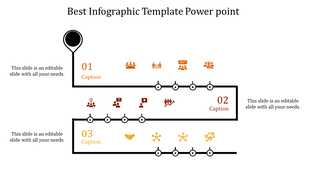Timeline infographic slide with icons representing steps in a process, numbered from 01 to 03 with placeholder text.