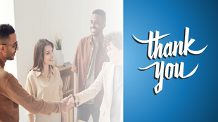 A diverse group of professionals shaking hands with a Thank You message in elegant script on a blue background.