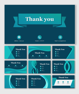 Thank you slide for PowerPoint, with a unique turquoise ribbon at center and icons for address, phone, and email below.