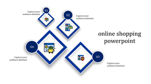 Online shopping PowerPoint template with numbered steps and icons related to the shopping process.