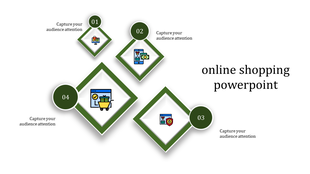 Online shopping template with four diamond green frames containing icons of shopping carts, payment methods, and security.