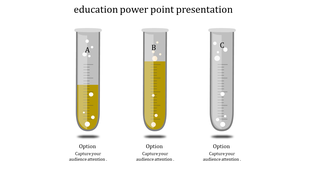 Three test tubes labeled A, B, and C, partially filled with yellow liquid, on a white background with captions below.