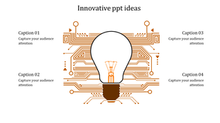 Infographic featuring a central light bulb design connected to intricate orange circuit lines, with captions at four corners.