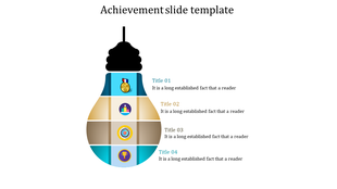 Achievement slide featuring a lightbulb with icons representing a medal, trophy, and star for titles 01 to 04.