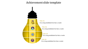 Yellow lightbulb-themed achievement slide template divided into four parts, each showcasing an icon and a title.