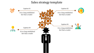 Sales strategy PPT slide with a central figure surrounded by gears each linked to a caption and an icon with different steps.