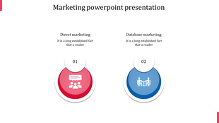 Two-part infographic in red and blue representing direct and database marketing, each highlighted with captions and icons.