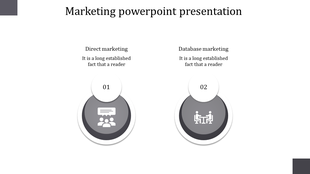Horizontal layout with two gray circles, each containing icons and labels, representing marketing strategies.