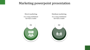 Two-step marketing template with green segments, labeled as direct marketing and database marketing, each featuring icons.