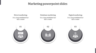 Three gray circular shapes with icons, aligned horizontally, depicting marketing methods on a white background.