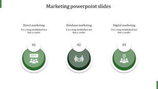 Three green circular infographics with white icons, each numbered, representing marketing concepts in a horizontal layout.