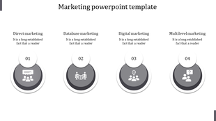 Marketing PPT slide with four sections Direct, Database, Digital, and Multilevel marketing, displayed with gray icons.