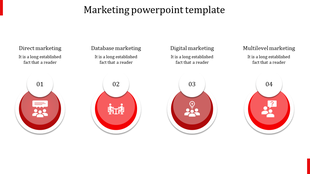 Red gradient circles illustrating types direct, database, digital, and multilevel marketing, aligned in a row with captions.