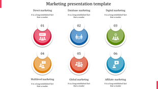 Horizontal layout with multicolor gradient circular icons labeled from 01 to 06, featuring marketing categories.