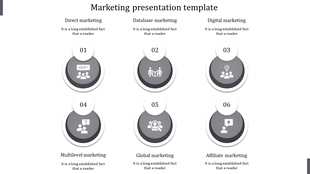 Marketing presentation template showcasing six strategies from Direct, Database to Affiliate marketing in gray themed design.