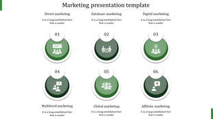 PPT slide displaying six marketing approaches with green circular icons, numbered sections, and placeholder descriptions.